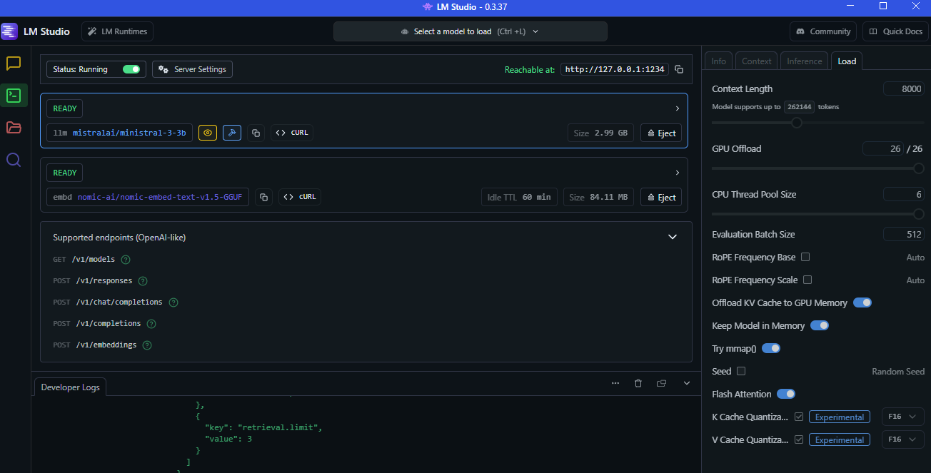 LM Studio Developer tab